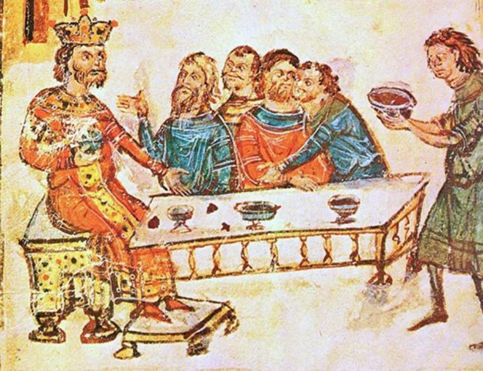 Bulgarian Khan ‘Krum the Fearsome’ feasts with his nobles as a servant brings the skull of Nikephoros I, fashioned into a skull cup, full of wine.