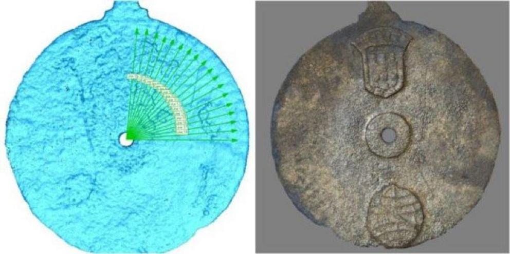 Enlarge / Left: A laser imaging scan of the so-called Sodre astrolabe, recovered from the wreck of a Portuguese Armada ship. Right: The astrolabe is believed to have beeb made between 1496 and 1501.