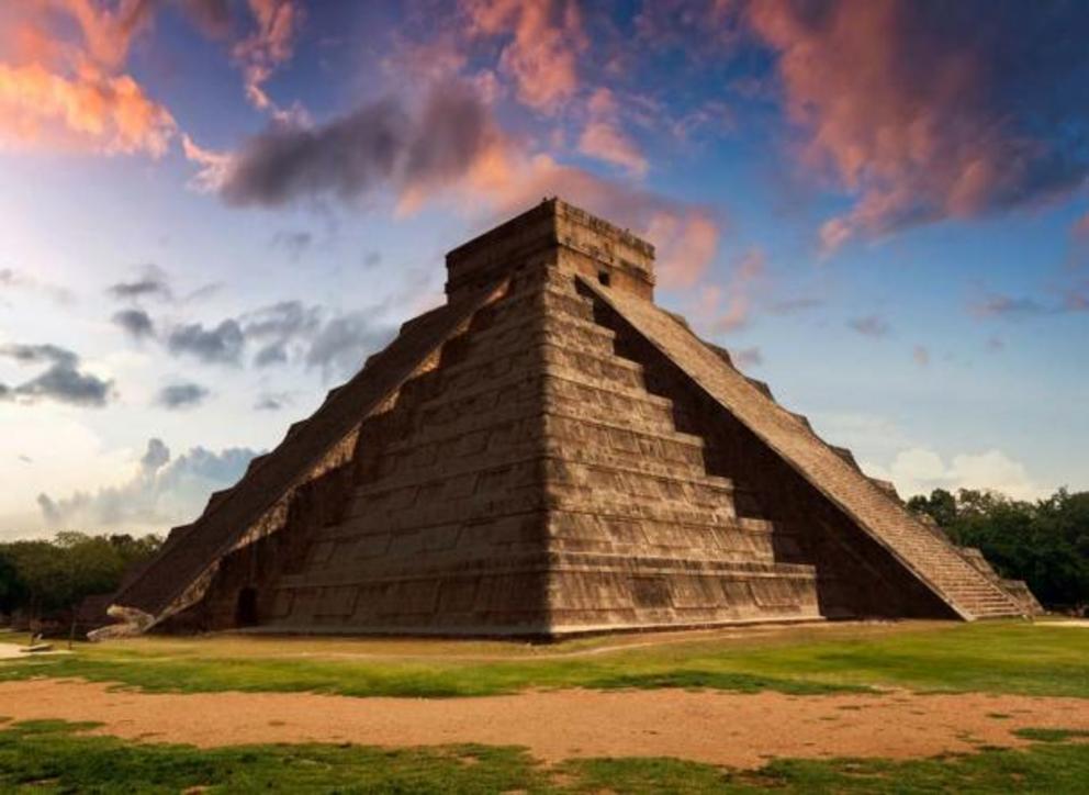 El Castillo during the equinox showing the undulating image of a serpent.