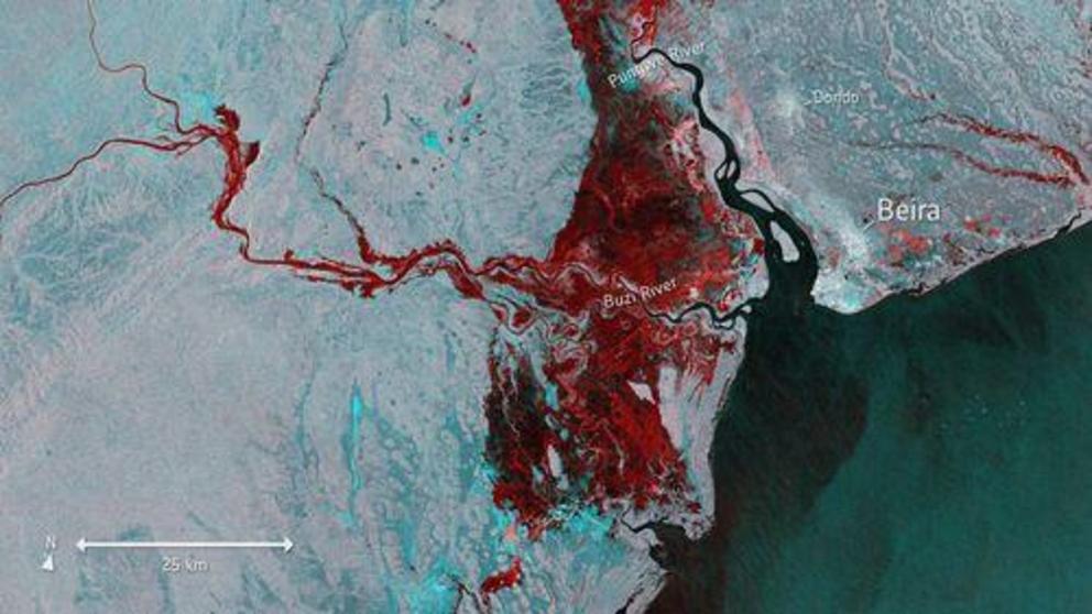 This satellite image shows the extent of flooding in Mozambique.