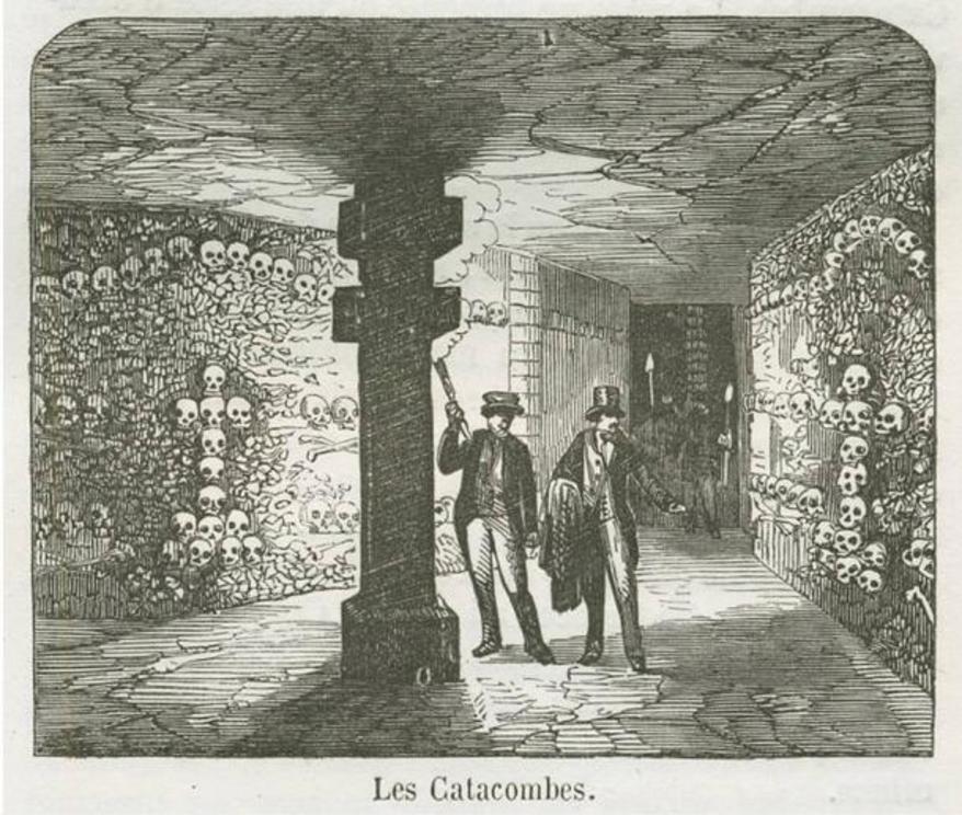 A view of the Catacombs under Paris. The catacombs are a large collection of bones and ossuaries under the city. Engraving, 1855.