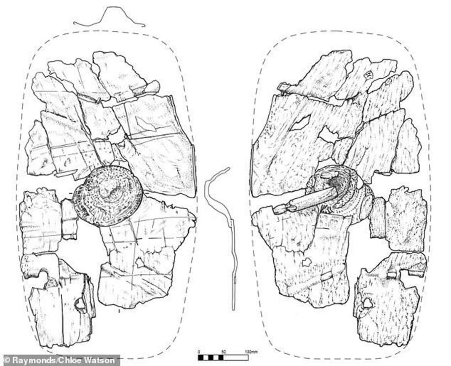 The use of bark would have made the weapon much lighter than metal or timber, and would have given soldiers more speed, archaeologists say. The image shows a the front (left) and back (right) of the piecestha make up the shield, with the latter showing th