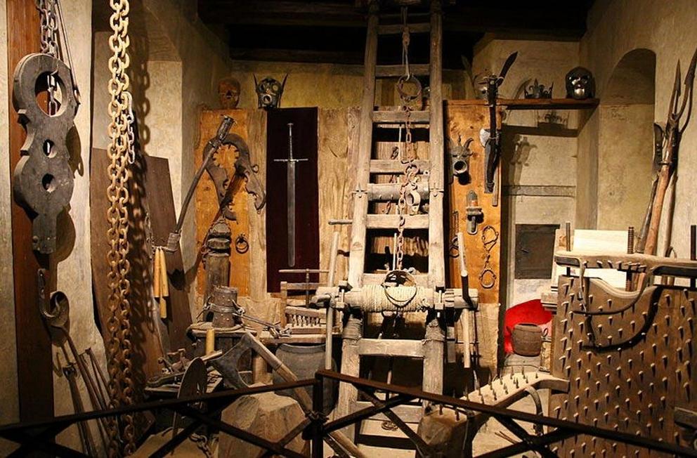 Chamber of torture devices and ancient punishments in Prague Castle. 