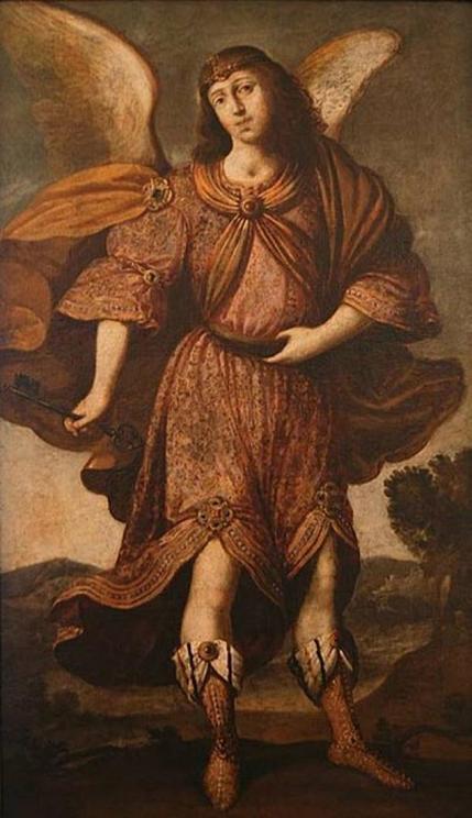 This portrait, created in Seville, Spain in the mid-1600s, depicts Raziel with long hair, outspread wings, and jewel-adorned, flowing garments. In his right hand he holds a key, symbolizing his status as a keeper of secrets and divine mystery. The paintin