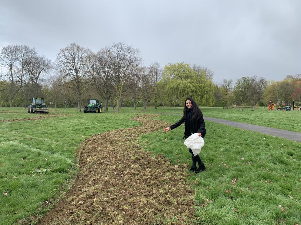 Krupa Sheth sowing seeds on the corridor.