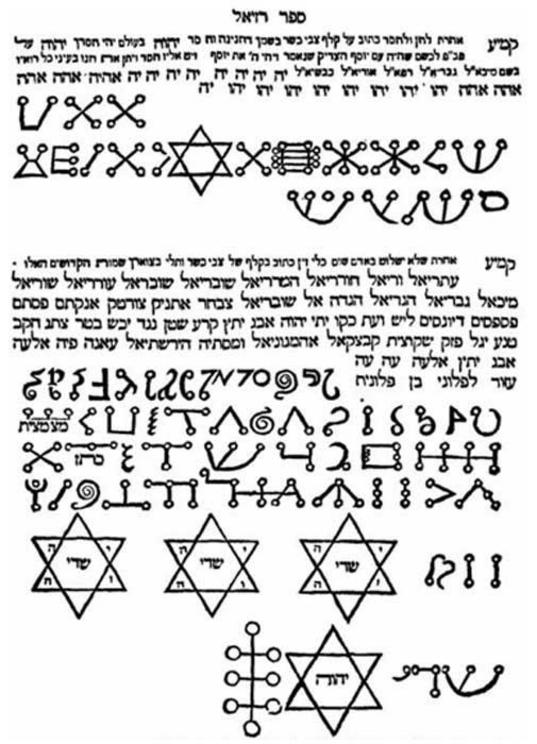 An excerpt from Sefer Raziel HaMalakh, featuring various magical sigils (or ??????, seguloth, in Hebrew).