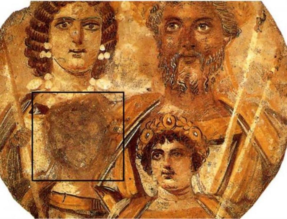 A portrait of the Severan family, with the face of Geta removed due to the damnatio memoriae ordered by Caracalla.