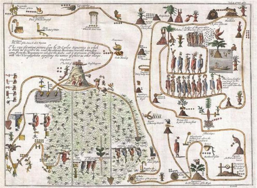 This unusual 1704 map, drawn by Giovanni Francesco Gemelli Careri, is the first published representation of the legendary Aztec migration from Aztlan, a mysterious paradise somewhere to the northwest of Mexico, to Chapultepec Hill, currently Mexico City.