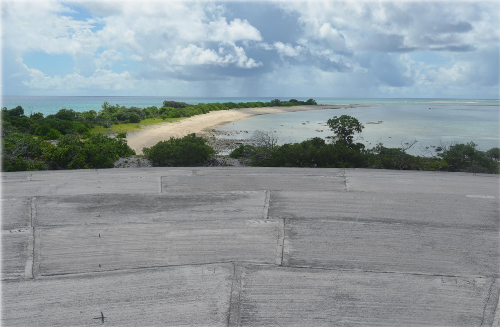 View from atop of Runit Dome showing the beach configuration on the north end of Runit Island at low tide (Reference Photo, May 2013).