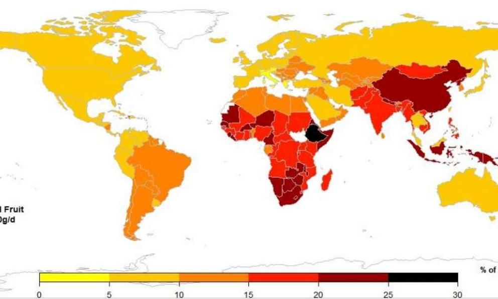 The percentage of cardiovascular deaths (cardiovascular disease mortality) attributable to suboptimal fruit intake (less than 300 grams per day) in countries around the world.