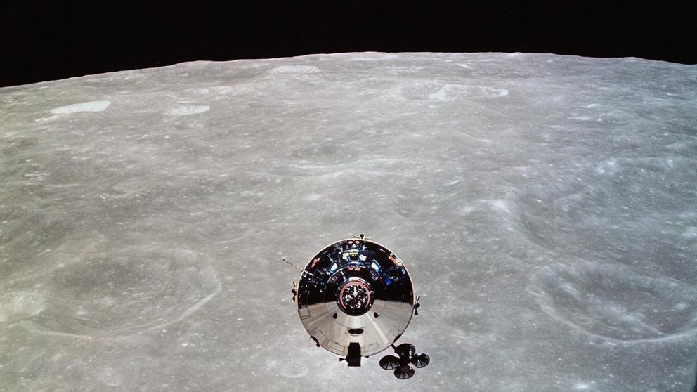 The Apollo 10 command and service modules (CSM) are photographed from the lunar module (LM) after the two units separated in lunar orbit, May 22, 1969. © NASA 