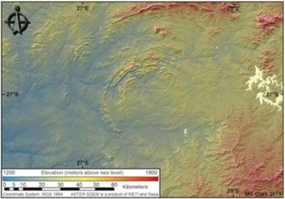 Some of the Vredefort Crater's multiple rims have eroded away, but from space, what is left is clear.