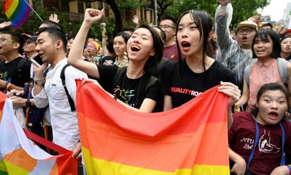 Supporters of same-sex marriage celebrate outside the parliament in Taipei last month.