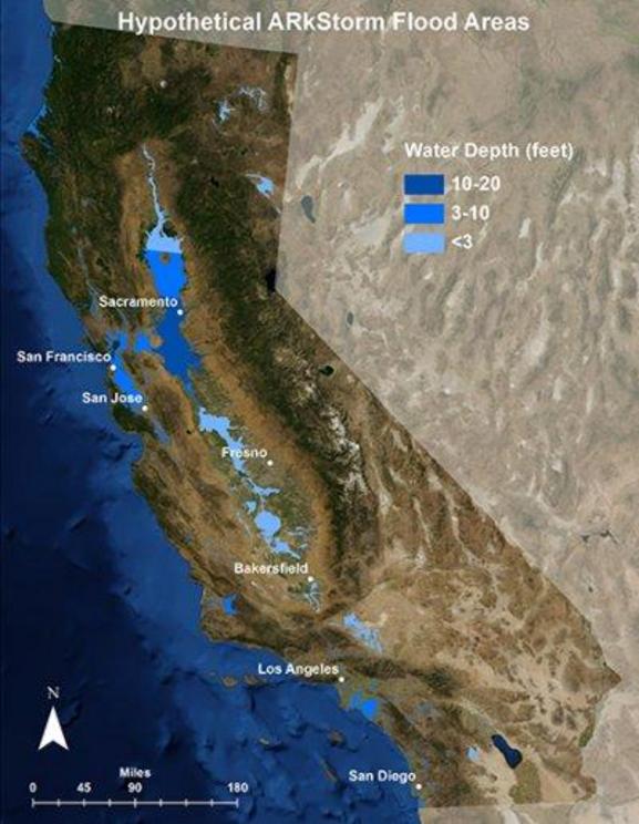 ARkStorm’s projected flooding would put much of California under several feet of water.