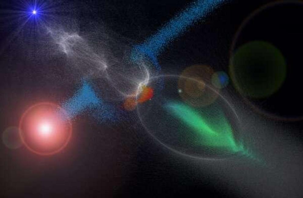 Illustration, based on simulations, of the Trojan horse technique for the production of high-energy electron beams. A laser beam (red, at left) strips electrons (blue dots) off of helium atoms. Some of the freed electrons (red dots) get accelerated inside