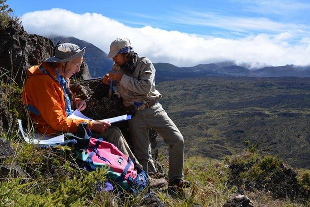 Researchers Rob Coe and Trevor Duarte at work in Haleakala National Park, Hawaii.