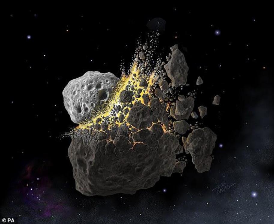 An illustration of the giant asteroid collision in outer space that produced the dust that led to an ice age on Earth