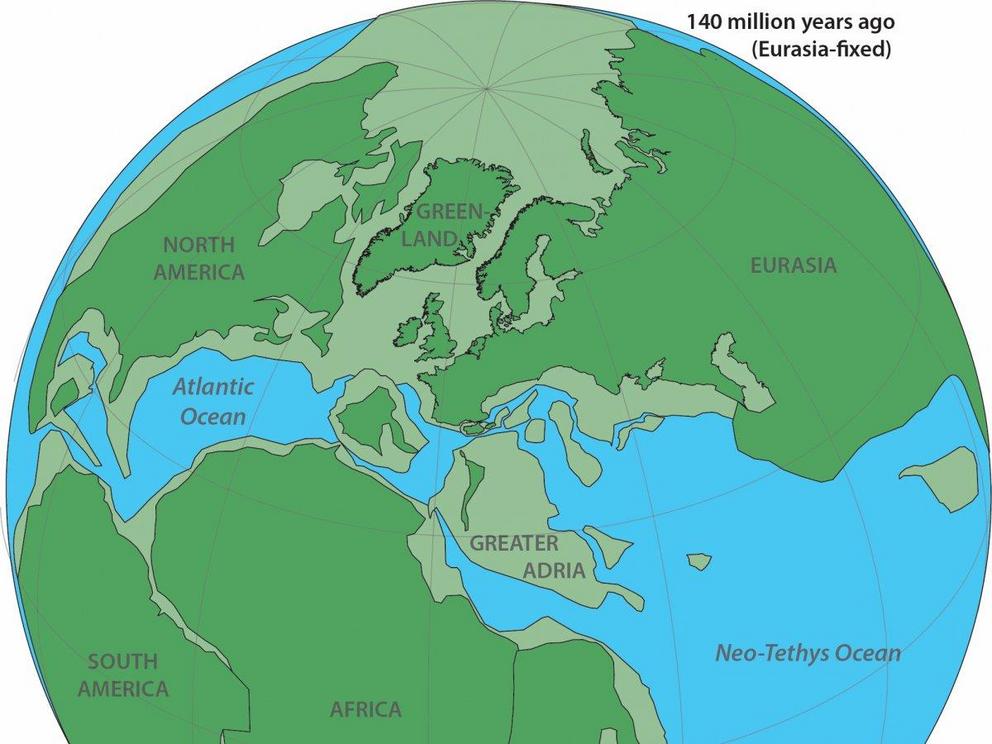 A reconstruction of what Earth’s land masses looked like 140 million years ago. The darker green indicates land masses above the water, while the lighter green indicates submerged land.