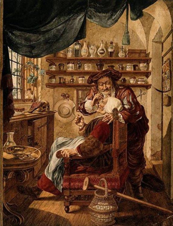 A barber-surgeon extracting stones from a woman's head; symbolizing the expulsion of 'folly'(insanity).