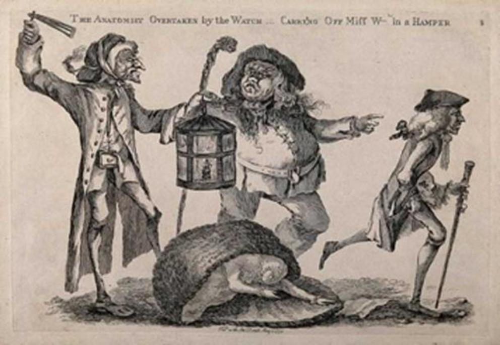 A nightwatchman disturbs a body snatcher who has dropped the stolen corpse he had been carrying in a hamper, while the anatomist, William Hunter (1718-1783), runs away.