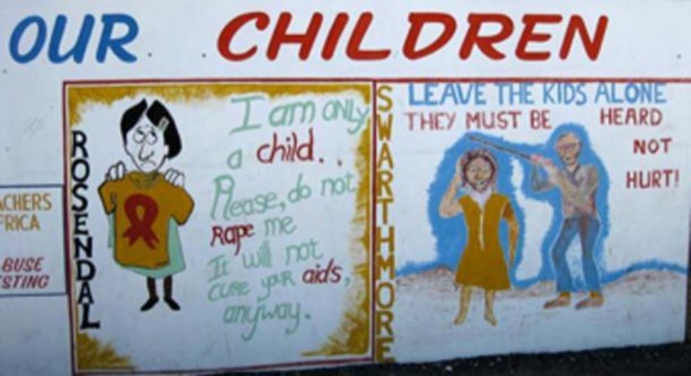 A street sign in South Africa, appealing to adults not to rape virgin children in the belief that it will cure them of AIDS.