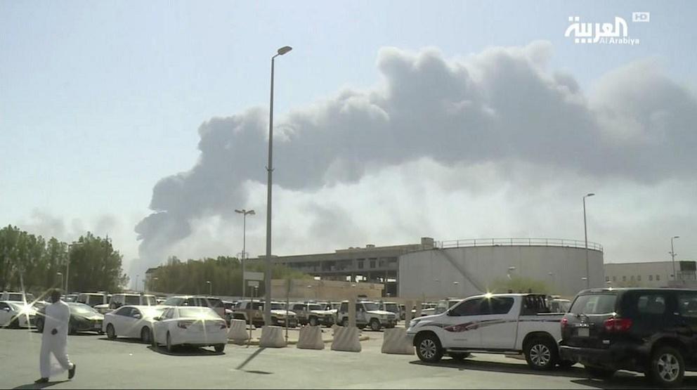 Drones launched by Yemen’s Houthi rebels attacked the world’s largest oil processing facility in Saudi Arabia and another major oilfield Saturday, sparking huge fires at a vulnerable chokepoint for global energy supplies. (Al-Arabiya via AP) 