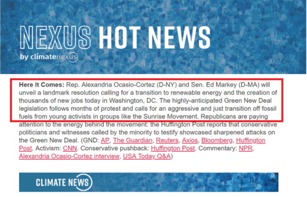 On February 7, 2019, Climate Nexus (a sponsored project of Rockefeller Philanthropy Advisors) [2] announced via its “TOP STORIES” that a “New Green Deal is Coming”: