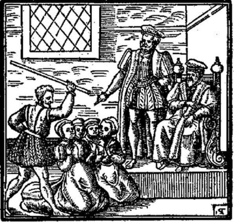 Illustration of witches, perhaps being tortured before James VI and I, from his ‘Daemonologie’