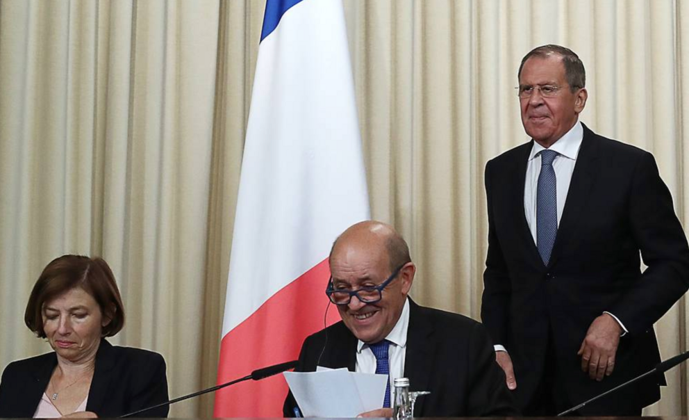 French Defense Minister Florence Parley, French Foreign Minister Jean-Yves Le Drian and Russian Foreign Minister Sergey Lavrov © Anton Novoderezhkin/TASS