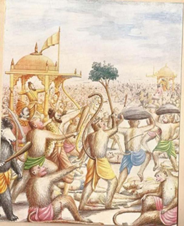 The battle between Ravana, King of the Rakshasas and the army of Vanaras (monkeys)