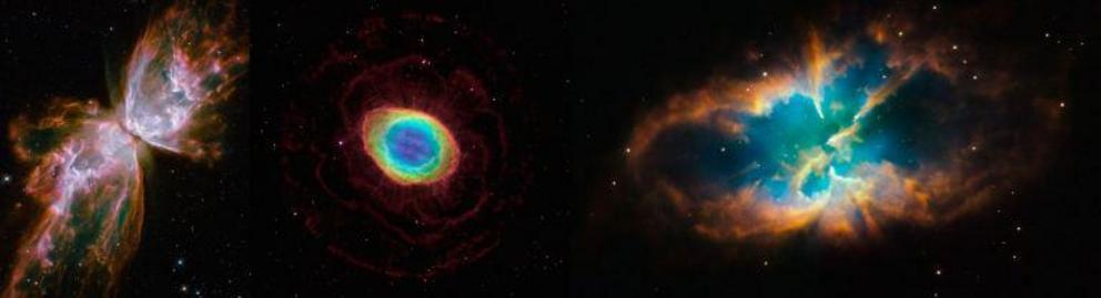 Planetary nebulae come in a wide variety of shapes and morphologies. Each one has a white dwarf at the center. Our Sun will one day resemble these nebulae. From left to right, the Butterfly Nebula, the Ring Nebula, and NGC 2818.