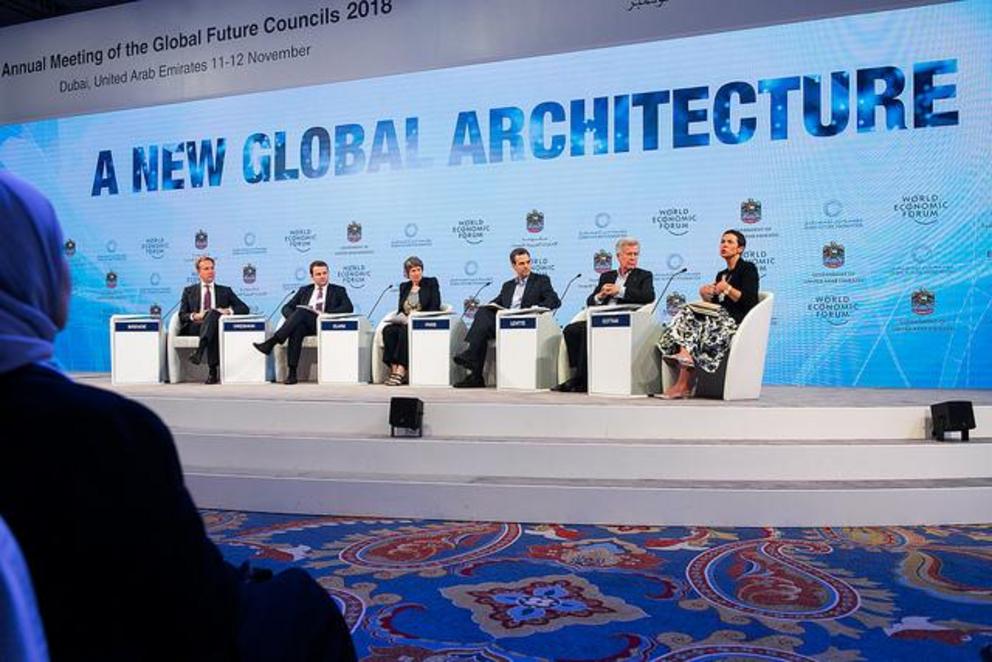 November 12, 2018,  A New Global Architecture: Børge Brende [Far left of panel], President, Member of the Managing Board, World Economic Forum and panel [1]. “Shaping a New Global Architecture” session at the World Economic Forum, Annual Meeting of the Gl