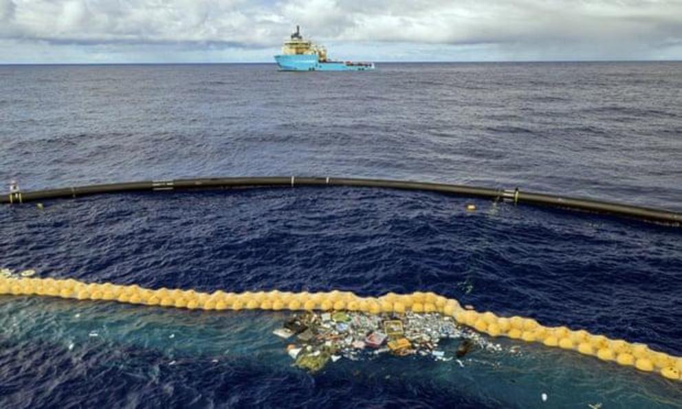 The Ocean Cleanup project’s system retains plastic in front of an extended cork line.