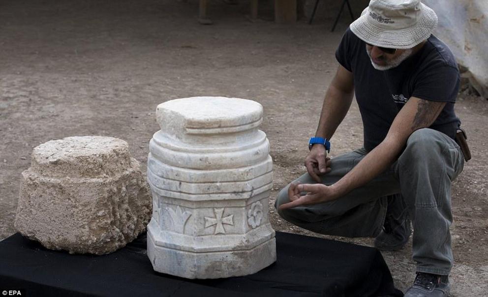 A number of well-preserved architectural elements were found in 2017, including a marble pillar base decorated with crosses (pictured centre), and marble window screens