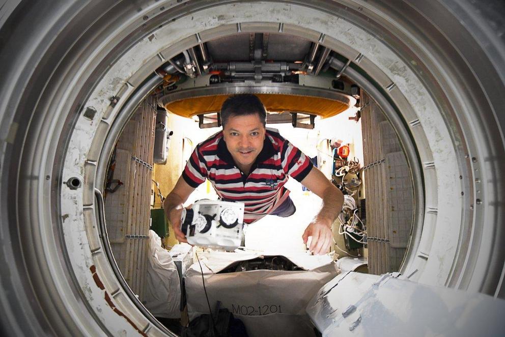 Cosmonaut Oleg Kononenko on board the International Space Station during the first experiment with the 3D bioprinter in December 2018.