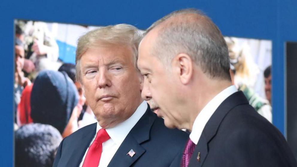 FILE PHOTO: Donald Trump and Recep Tayyip Erdogan at a 2018 meeting of NATO allies in Brussels © Reuters / Pool 