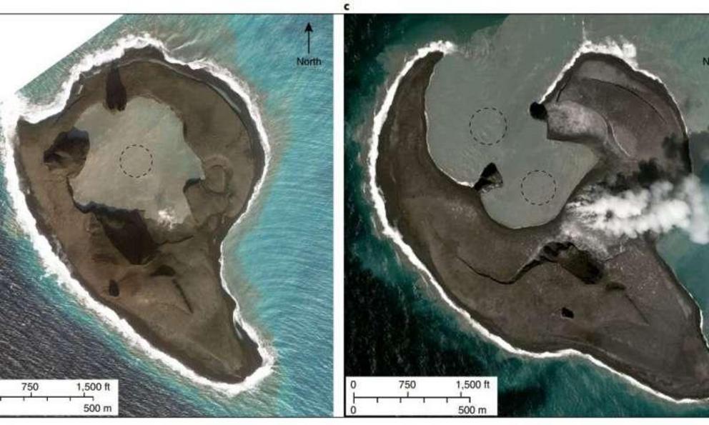 WorldView satellite images of the subaerial portion of the vent region of Bogoslof near times when the bubble signals were recorded. Dashed lines circle the approximate submarine vent areas. WorldView data provided under the DigitalGlobe NextView License.