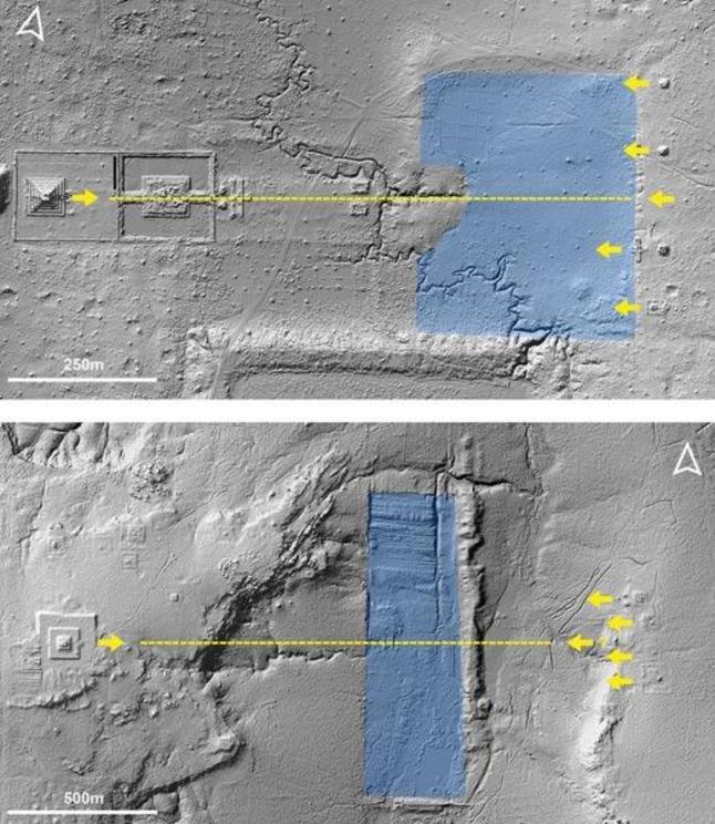 Axis and orientations of the central pyramid, reservoir, and associated shrines at Koh Ker (top) and Mahendraparvata (bottom).