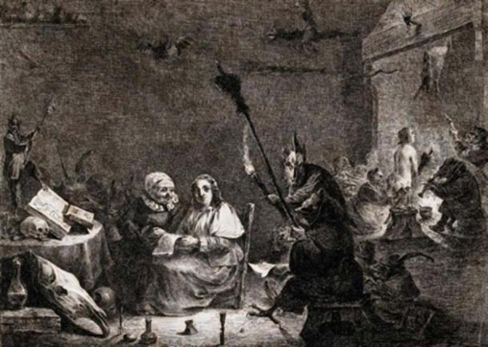 Etching depicting preparation for the witches’ sabbath.