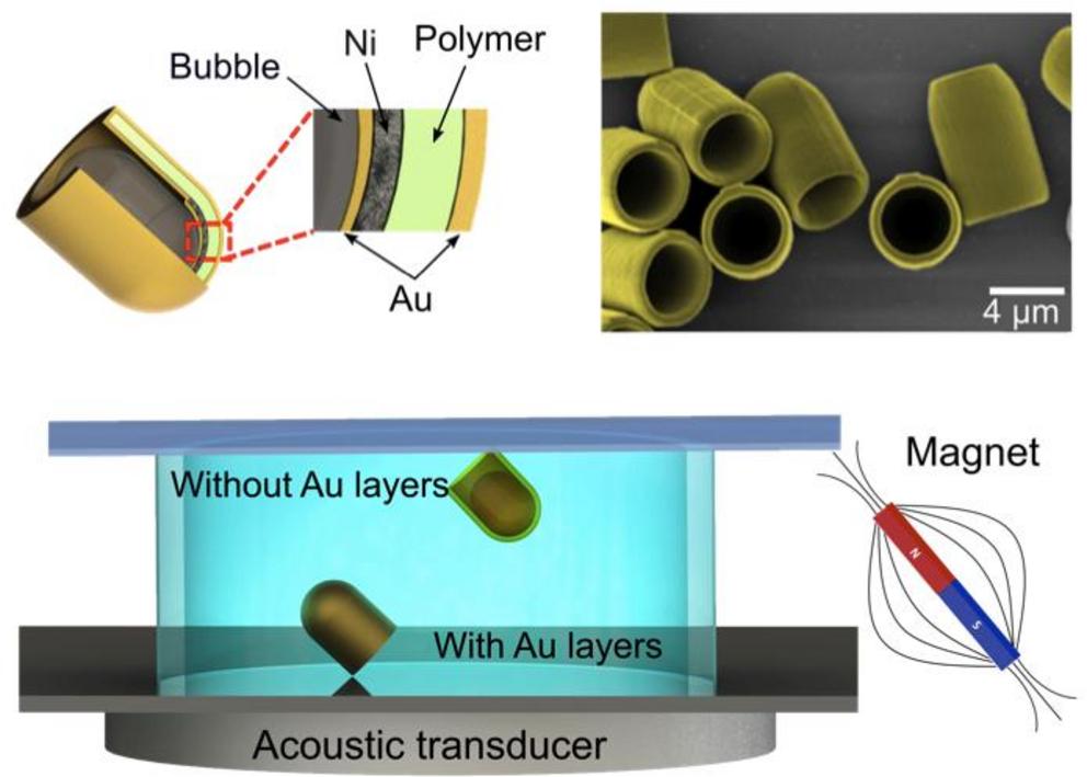 A schematic showing the structure the microrockets, which are 3D printed and contain a trapped air bubble (top left), and how they look under scanning electron microscopy (top right). The acoustic fluidic chamber where they can be driven in three dimensio