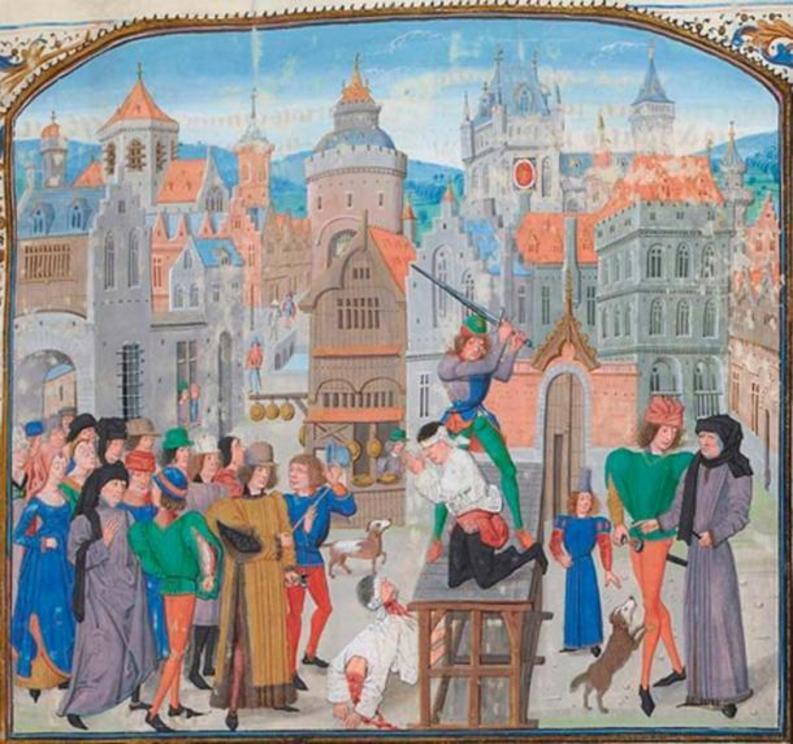 Guillaume Sans, lord of Pommiers, is executed in Bordeaux on the orders of Thomas Felton, the city's English seneschal. Jean Froissart, Chronicles, fol. 1. Flandres, Bruges 15th Century.