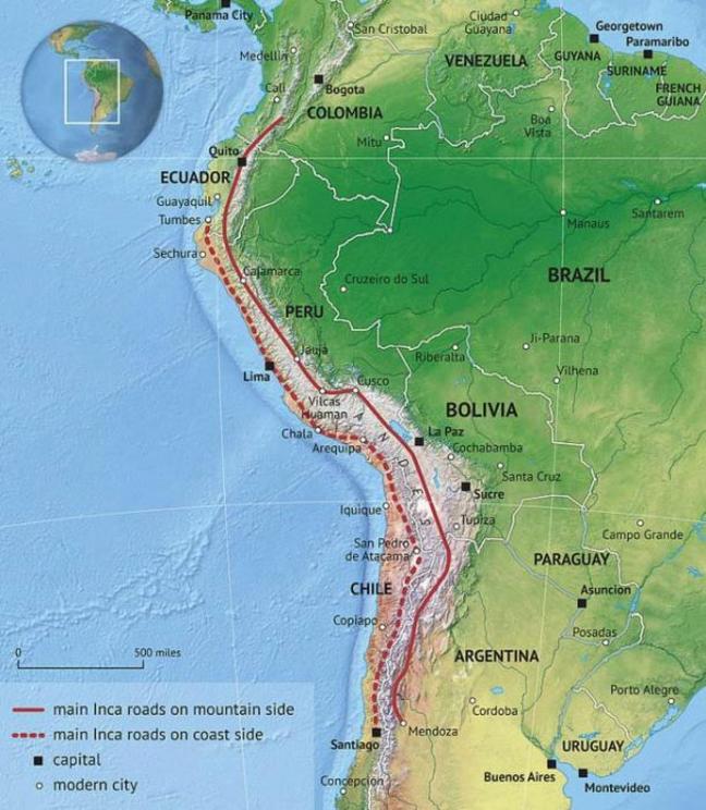 This map shows the Inca Road System through South America.