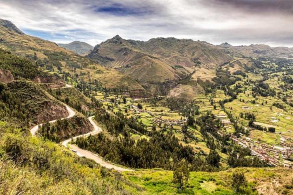 Aerial view at Sacred Valley of Incas as seen from the hill at Pisaq near Cusco in Peru.