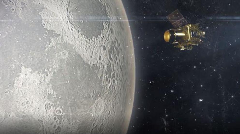 An artist's depiction of the Chandrayaan-2 orbiter studying the moon. © ISRO