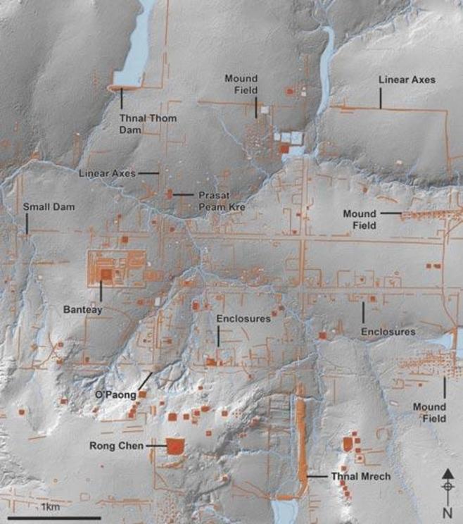 Map of the central grid of Mahendraparvata on top of a lidar-derived hillshade model.