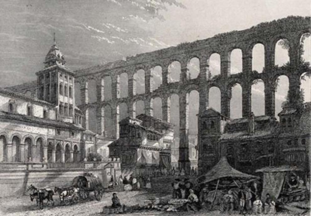 The Roman Aqueduct of Segovia, in the historical city of Segovia, Spain.