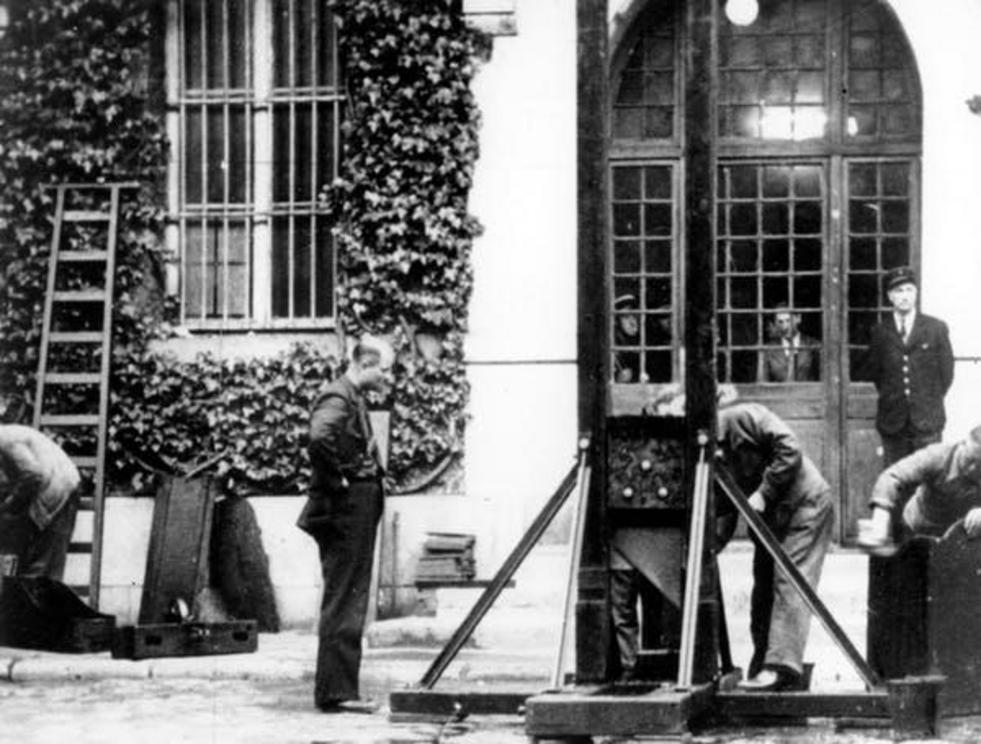 The guillotine remained in use in France well into the 20th century. Here, workmen in the Sante Prison clean and dismantle a guillotine in Paris on May 25, 1946, after the execution of Dr. Marcel Petiot, who was convicted of mass murder during World War I