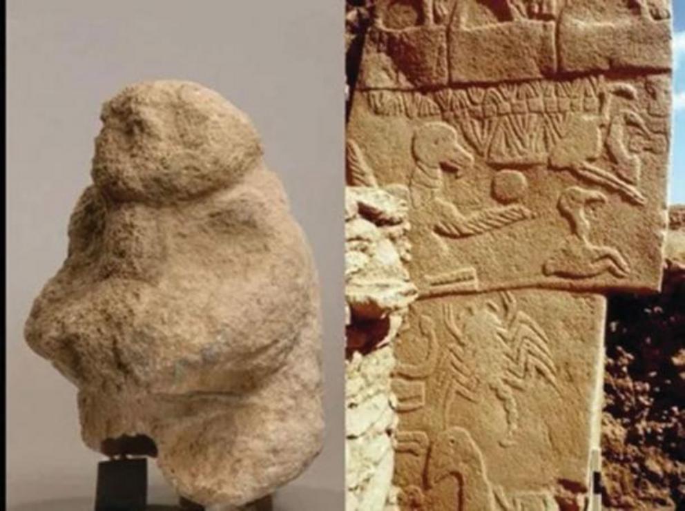 Left) The gift bearer holds in his hands a human head; (Right) Pillar 43 with low relief of an ithyphallic headless individual.