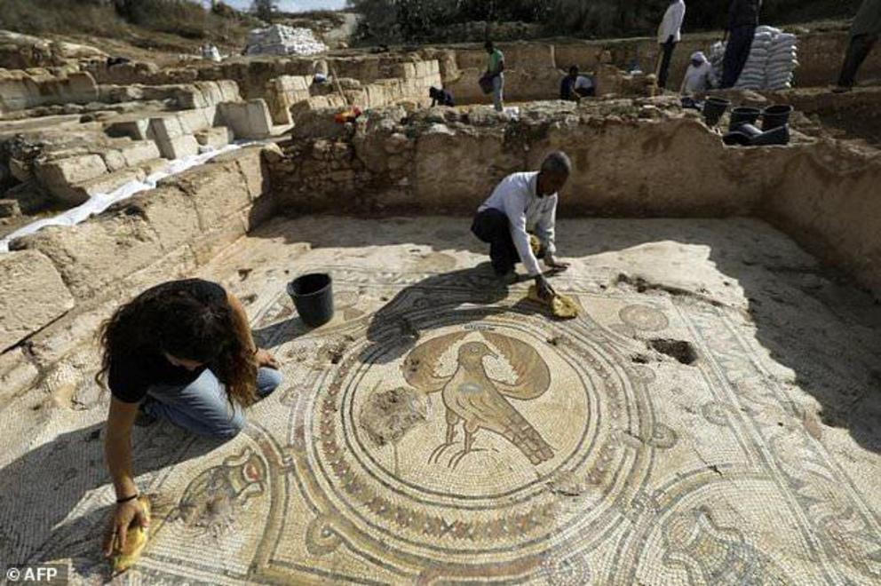 The elaborate mosaics in the church depict themes from nature such as leaves, birds and fruit and have been cleared by archaeologists to reveal exquisite detail