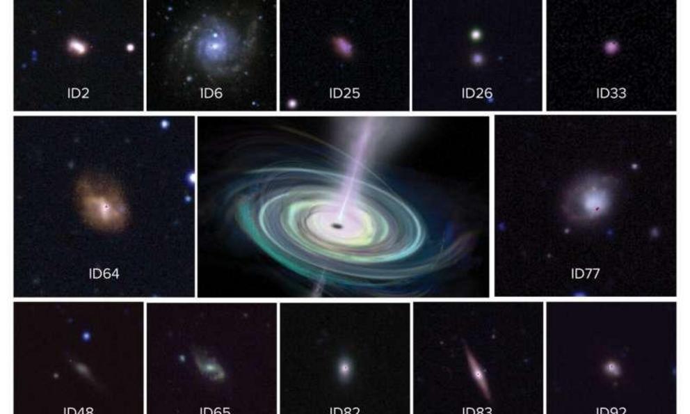 Visible-light images of galaxies that VLA observations showed to have massive black holes. Center illustration is artist's conception of the rotating disk of material falling into such a black hole, and the jets of material propelled outward.